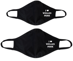 Black facemasks featuring an I love welles park logo