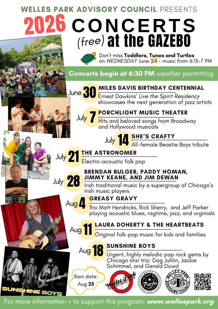 Concert series flyer listing performances at Welles Park Gazebo
